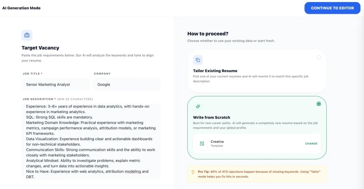 AI-powered resume tailoring feature matching your resume to specific job requirements