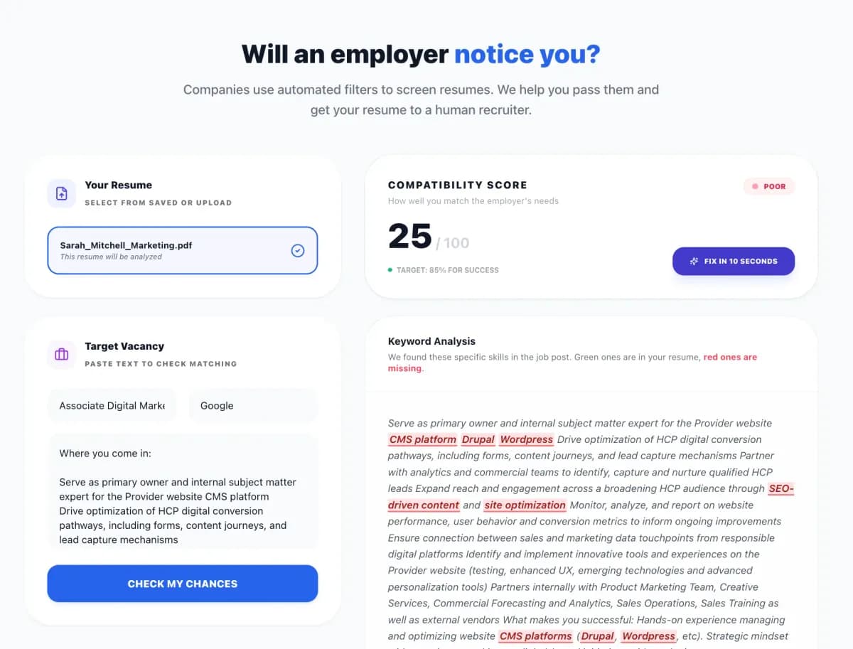 ATS-friendly resume checker showing compatibility score for job application systems