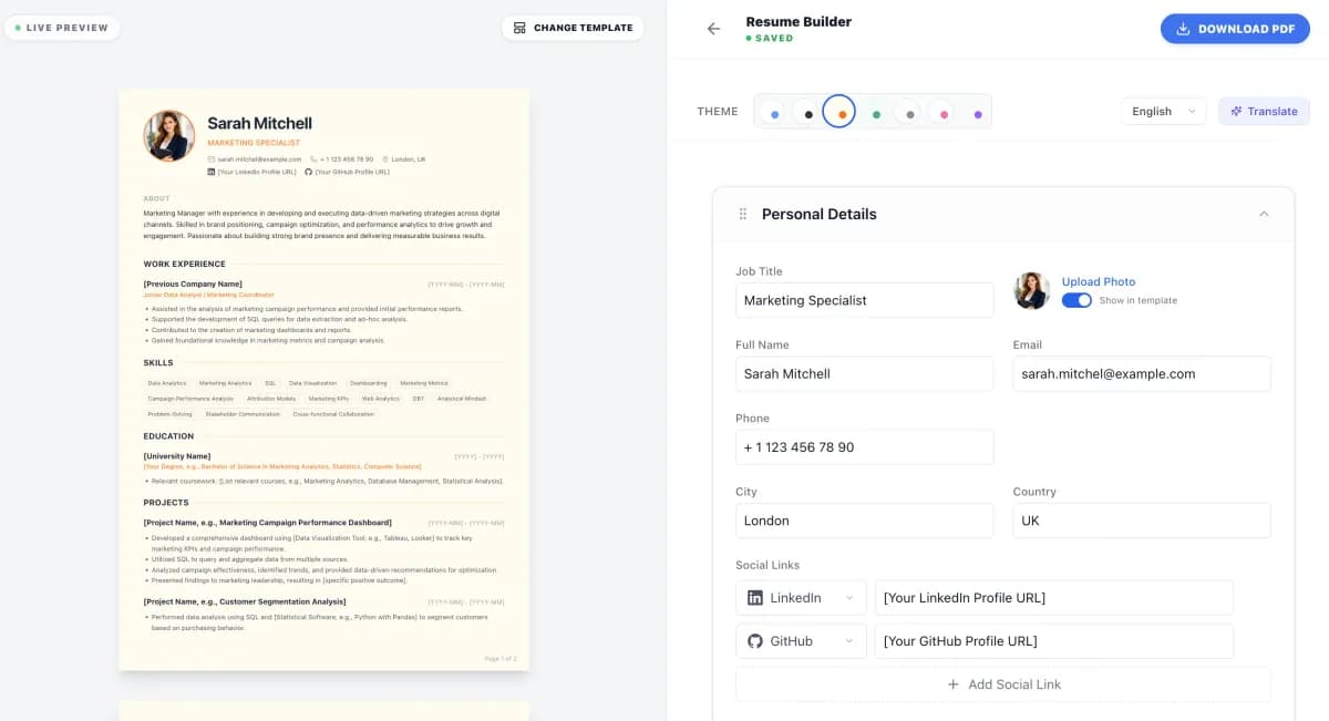 Free resume builder interface showing professional resume template with AI-powered suggestions