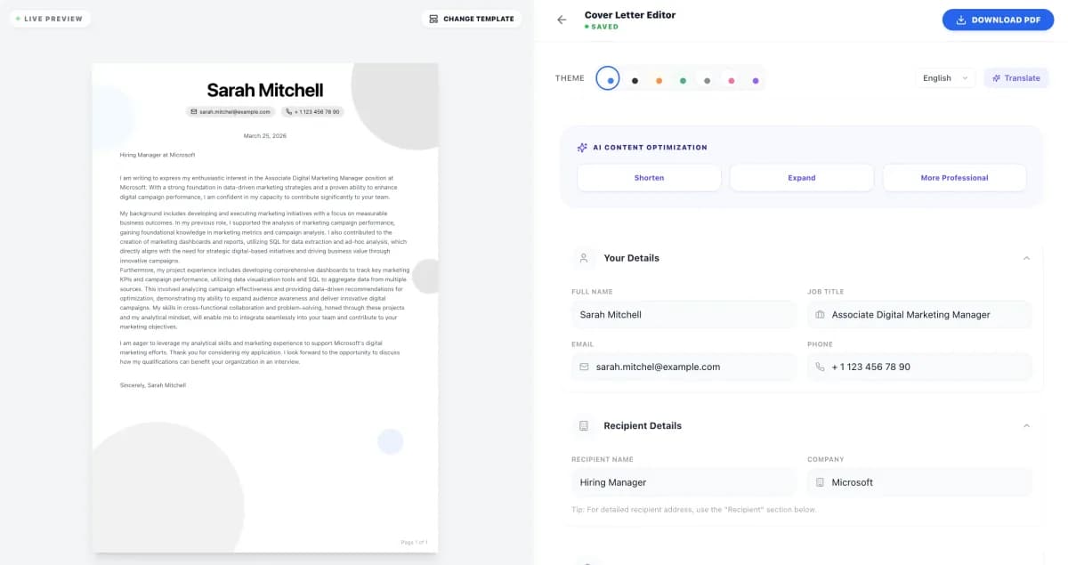 Professional cover letter builder with customizable templates and AI writing assistance